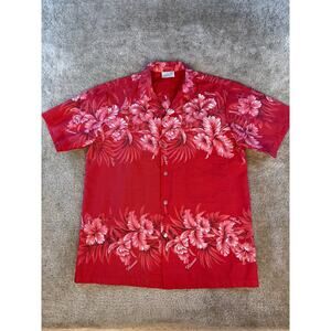 Jade Fashions Red Hawaiian Tropical Floral Button Shirt Medium Aloha Beach E155